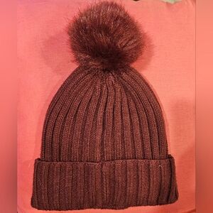 H&M Brown Ribbed Beanie with Pom-Pom